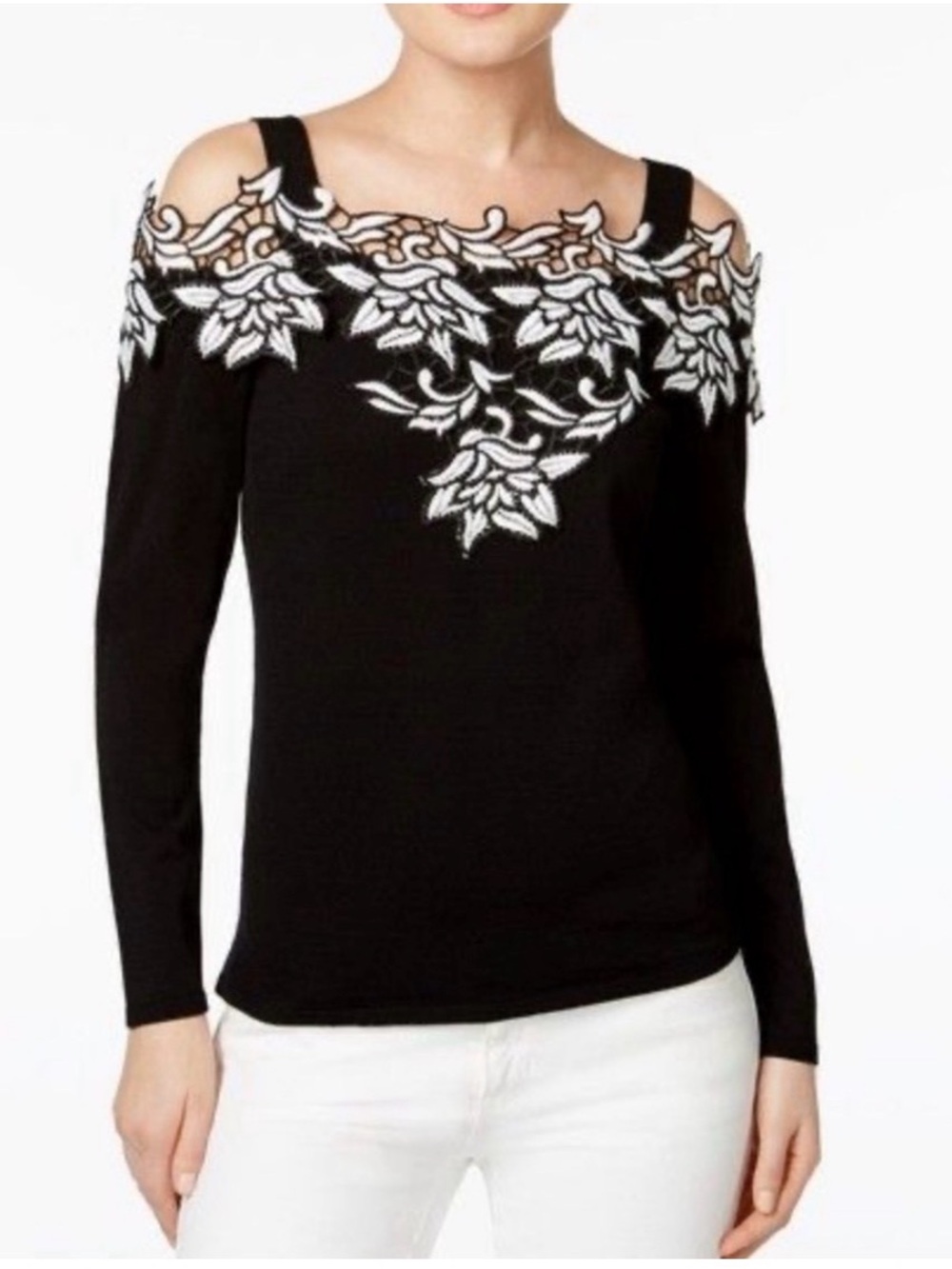 INC International Concepts Black & White Cold Shoulder Top